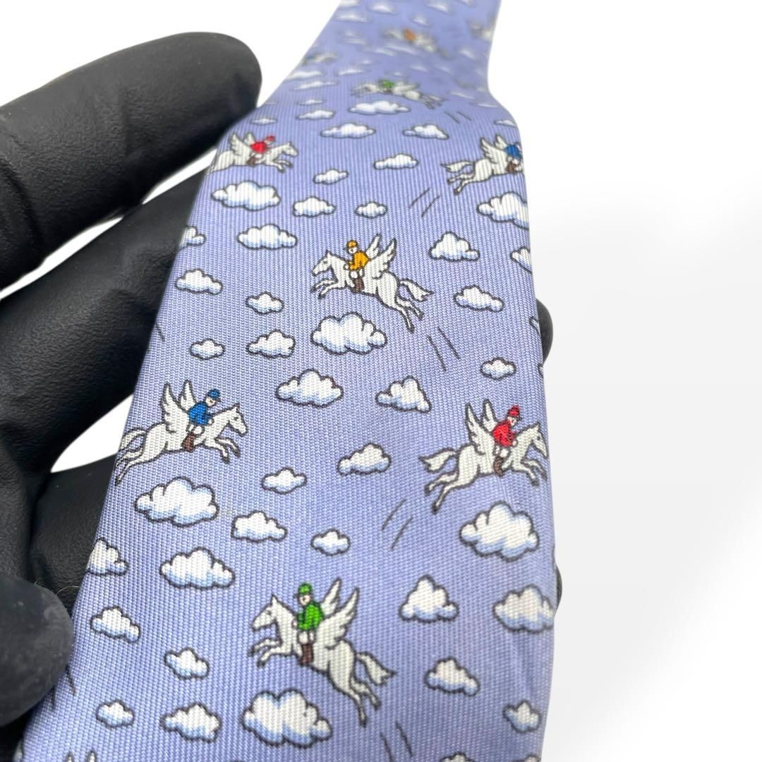 極美品 HERMES エルメス ネクタイ ブルー ペガサス 人気柄 シルク100