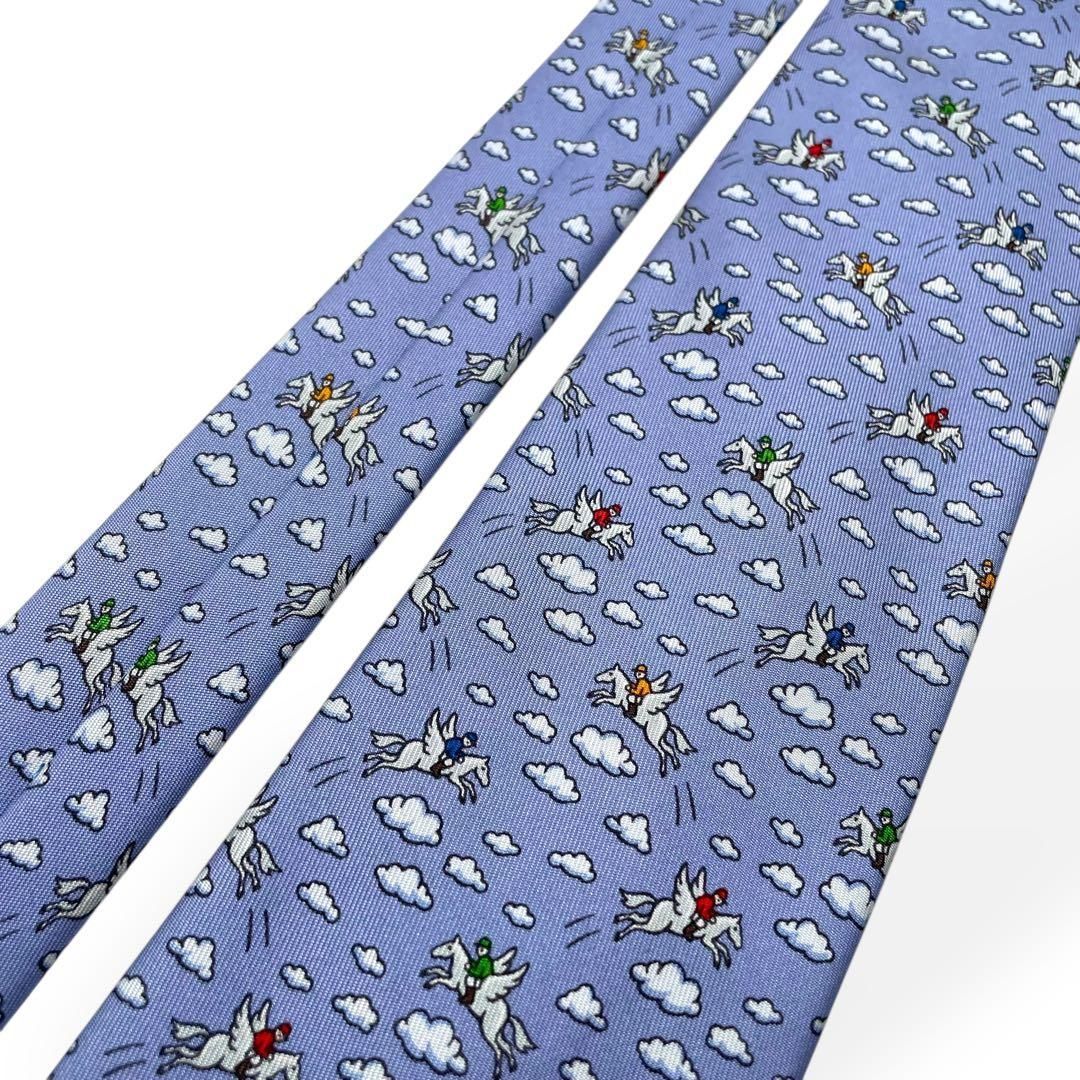 極美品 HERMES エルメス ネクタイ ブルー ペガサス 人気柄 シルク100