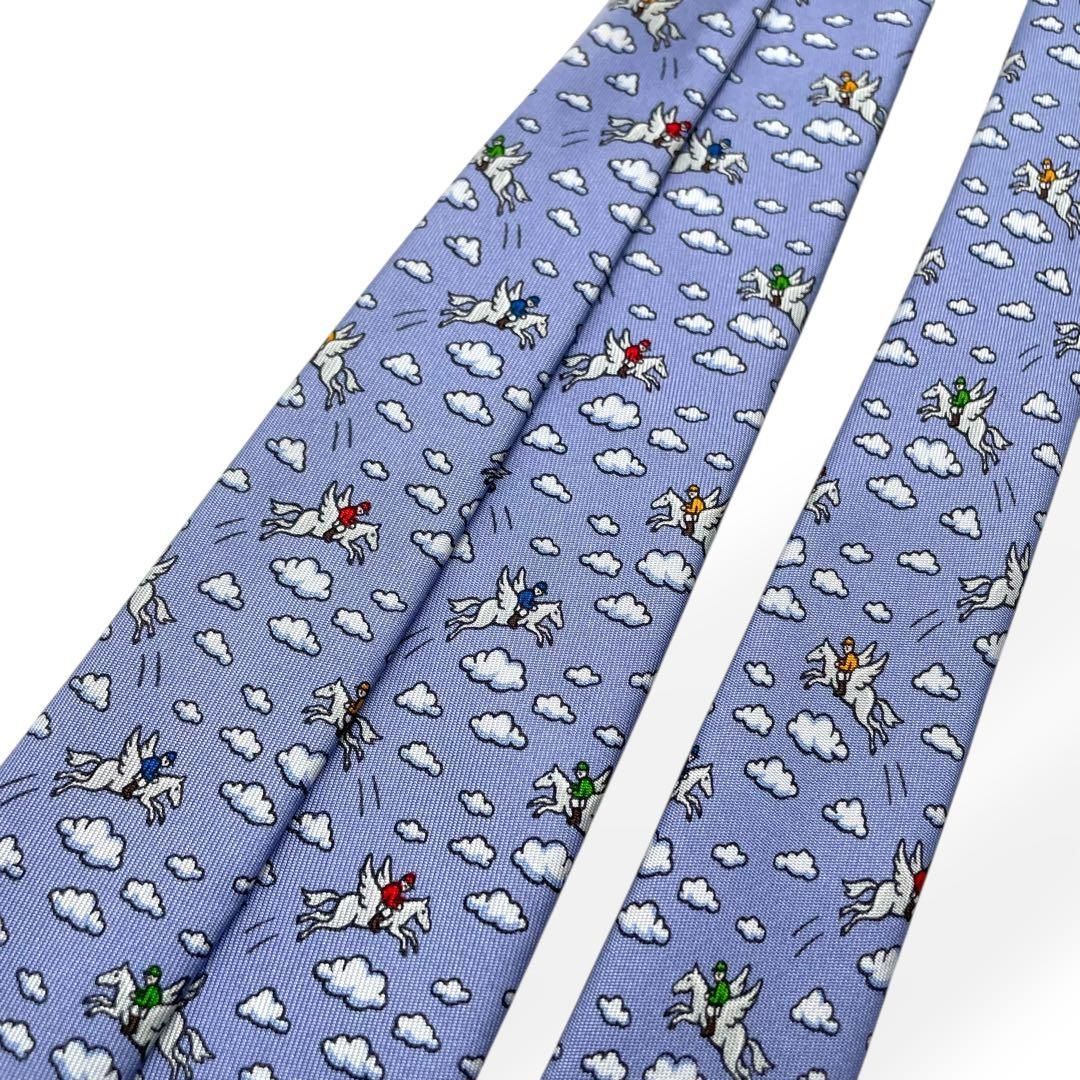 極美品 HERMES エルメス ネクタイ ブルー ペガサス 人気柄 シルク100