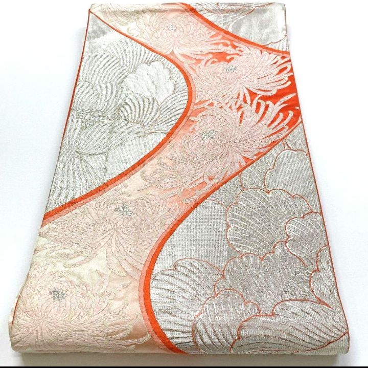 5086］袋帯 乱菊流水文様 銀糸 六通 シルバー 正絹 着物 フォーマル