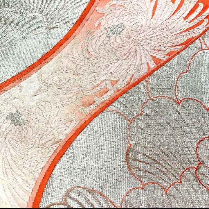 シルバー 乱菊袋帯　乱菊訪問着お２つおまとめ 東レシルック 糸使用 洗える 袋帯 織・乱菊（ベージュ×グリーン）花