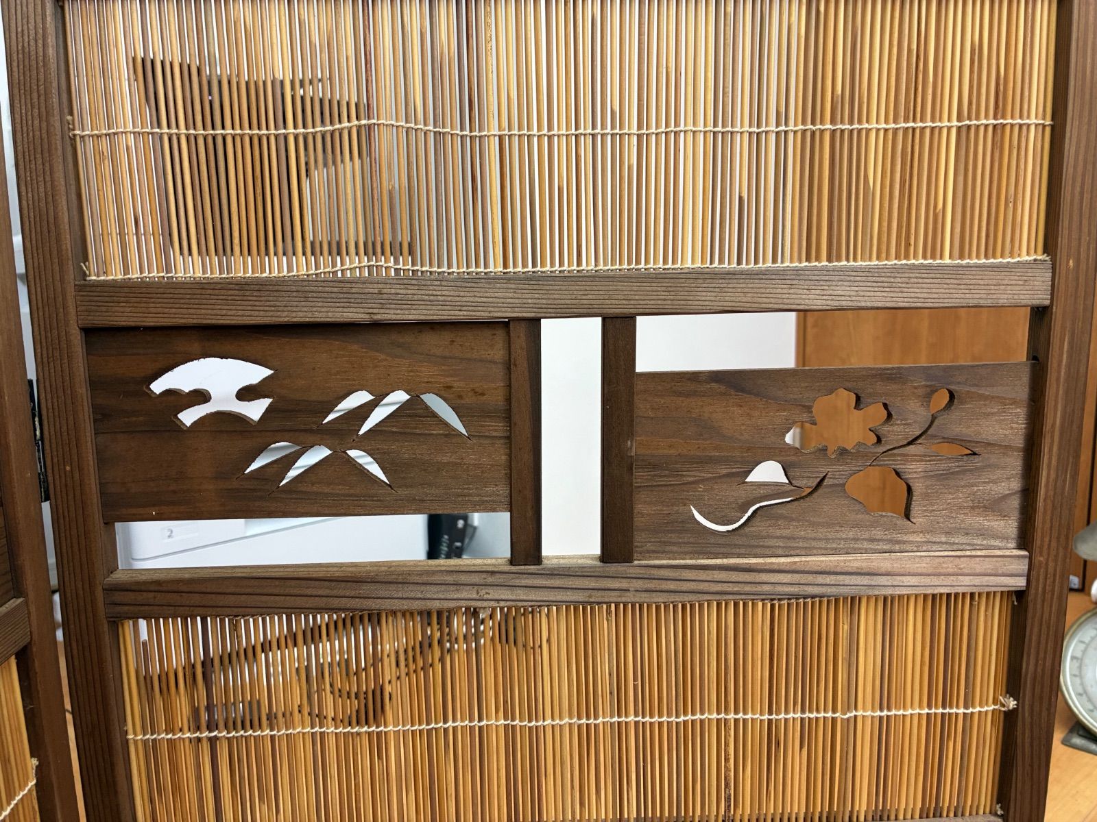 木製 和風彫刻 パーテーション 美品】和風 衝立 間仕切り 竹製 4連 屏風 パーテーション 木製彫刻