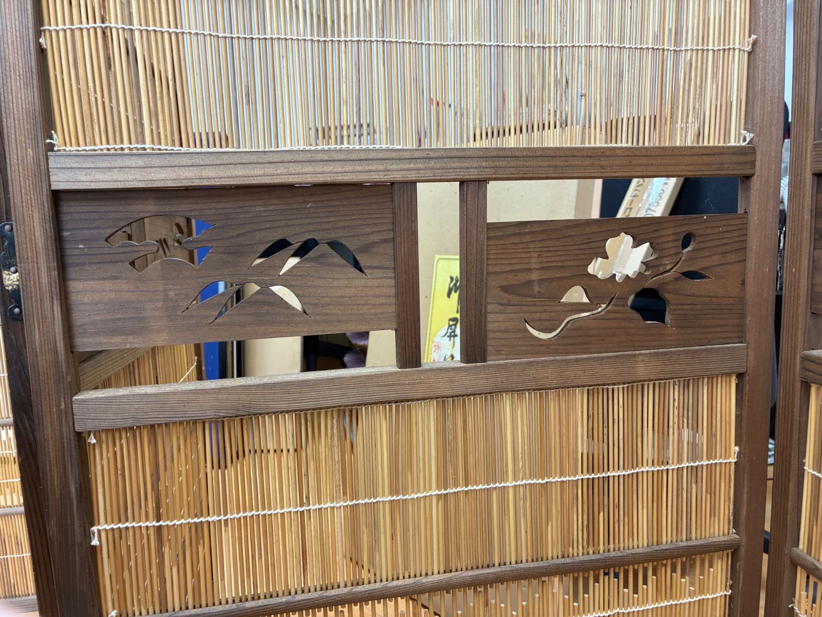 美品】和風 衝立 間仕切り 竹製 4連 屏風 パーテーション 木製彫刻