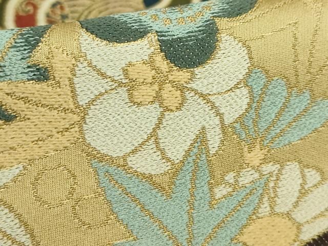 平和屋着物○極上 西陣 白綾苑大庭 六通柄袋帯 糸車花文 金糸 逸品
