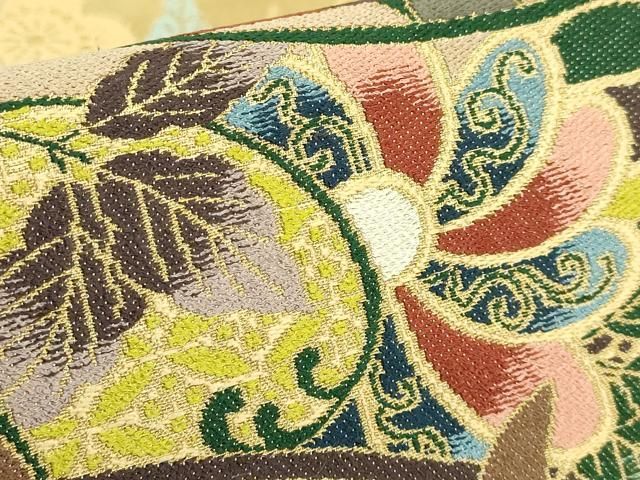 平和屋着物○極上 西陣 白綾苑大庭 六通柄袋帯 糸車花文 金糸 逸品