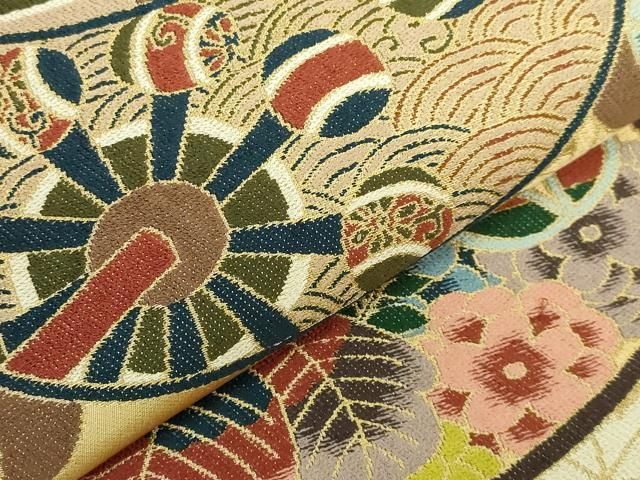 平和屋着物○極上 西陣 白綾苑大庭 六通柄袋帯 糸車花文 金糸 逸品