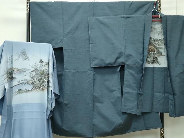 平和屋着物●男性　紬　アンサンブル　長襦袢(袷)セット　横段文　正絹　逸品　AABE5268cs 平和屋着物○極上 男性 紬 アンサンブル・長襦袢セット 色無地 錆