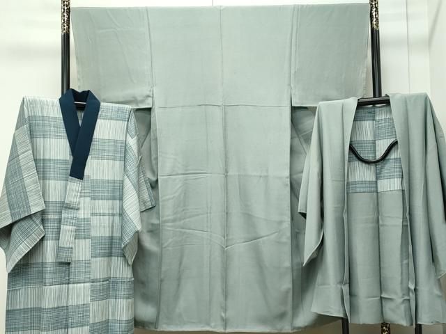 平和屋着物○極上 男性 紬 アンサンブル・長襦袢セット 色無地 青白橡