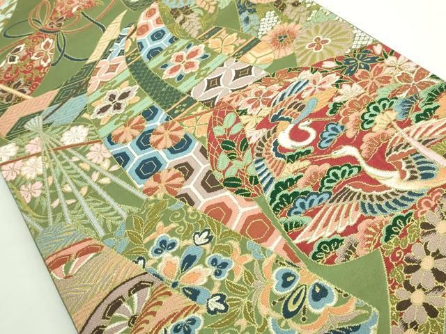 平和屋着物■極上　西陣　白綾苑大庭　六通柄袋帯　抽象文様　金糸　逸品　DZAA9730kh5 平和屋着物○極上 西陣 白綾苑大庭 六通柄袋帯 誰が袖飛鶴花文 金糸