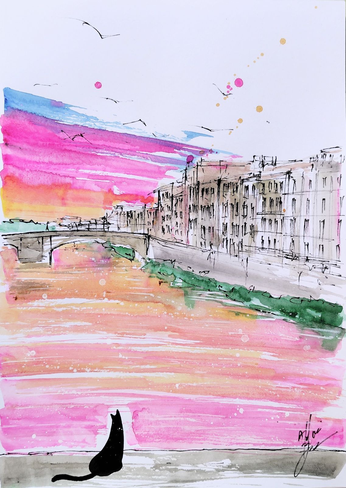 原画#3793 カフェ　黒猫　花　夕暮れ　ヨーロッパ　水彩画　ドローイング　絵画 原画#3793 カフェ 黒猫 花 夕暮れ ヨーロッパ 水彩画 ドローイング