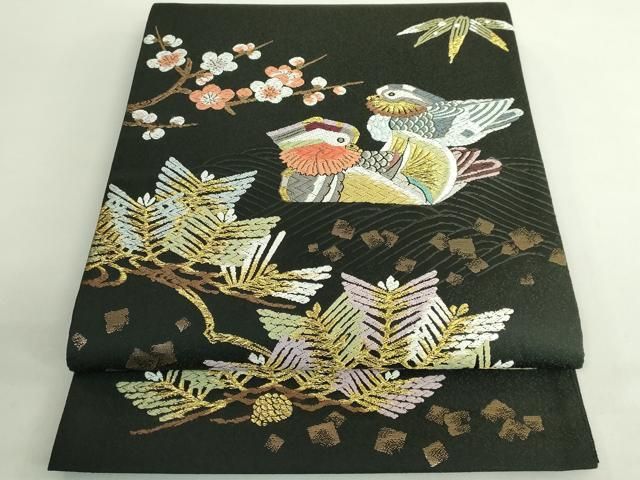 平和屋着物○極上 人間国宝・羽田登喜男 太鼓柄袋帯 唐織 松竹梅 鴛鴦