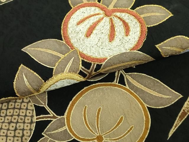 平和屋着物○極上 染織の名門 しょうざん つけ帯 刺繍 橘 黒地 金糸