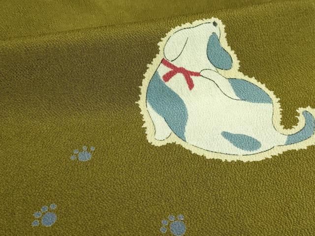 平和屋着物●極上　九寸名古屋帯　犬　鶯茶色地　鬼しぼ縮緬　やまと誂製　逸品　DZAB2656kh6 平和屋着物○極上 九寸名古屋帯 犬 鶯茶色地 鬼しぼ縮緬 やまと誂製