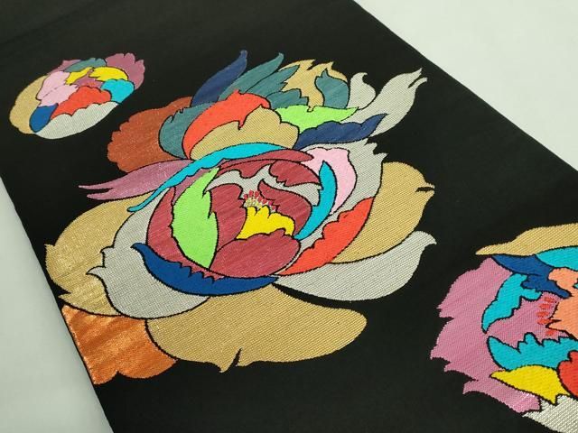 平和屋着物○極上 龍村美術織物 太鼓柄 本袋帯 富貴風手 黒地 金銀糸