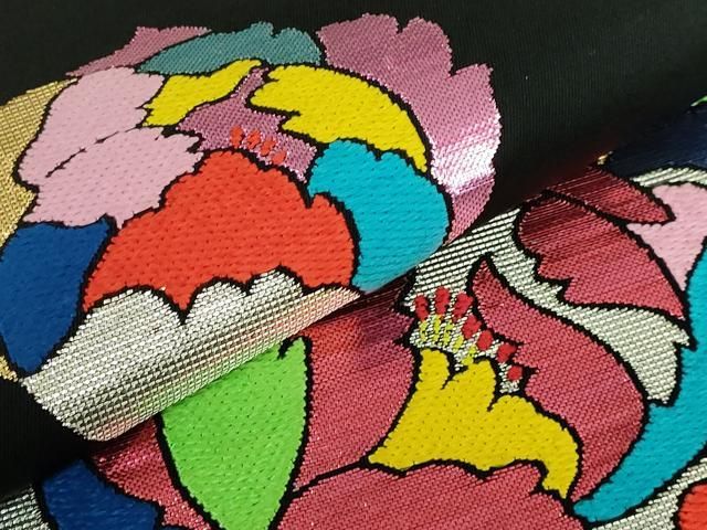 平和屋着物○極上 龍村美術織物 太鼓柄 本袋帯 富貴風手 黒地 金銀糸