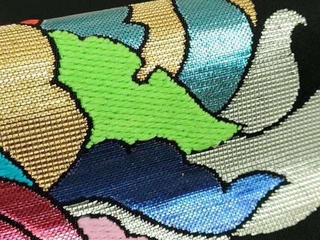 平和屋着物○極上 龍村美術織物 太鼓柄 本袋帯 富貴風手 黒地 金銀糸