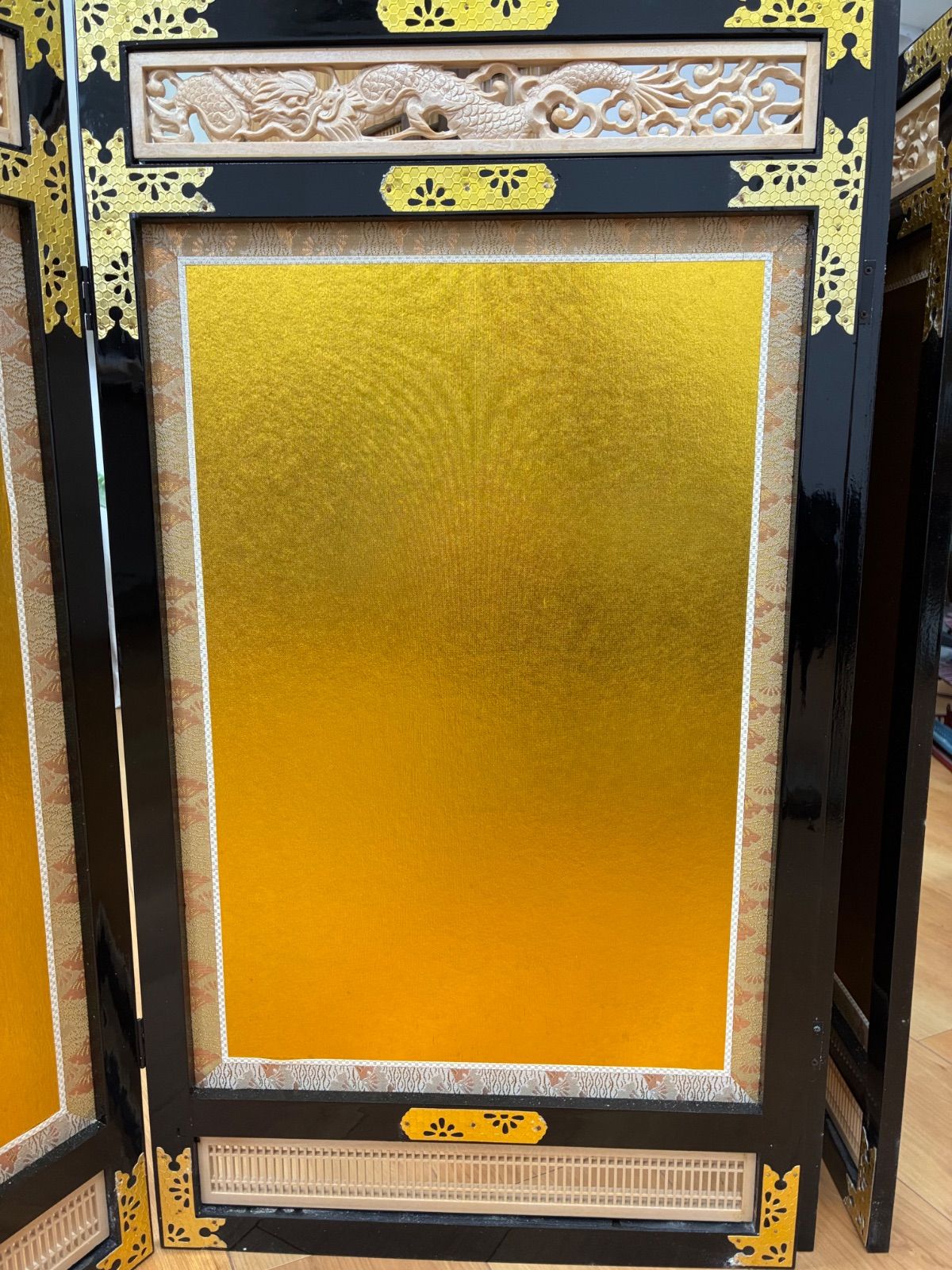 特製】金屏風 4曲 共箱付き 欄間彫刻 龍 衝立 雛人形 五月人形 節句