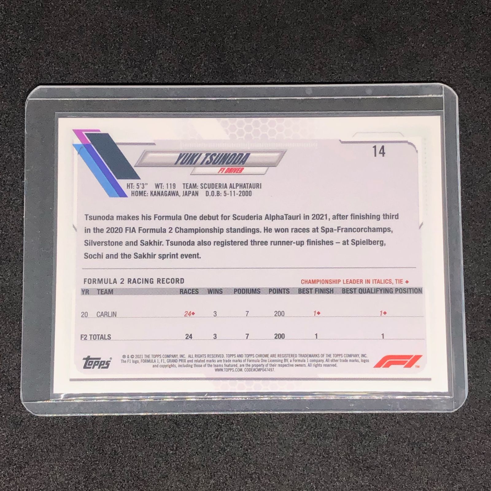 Yuki Tsunoda / 角田裕毅 2021 Topps Chrome Formula 1 ベースカード