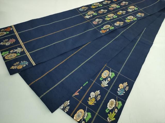 平和屋本店○最高級 龍村平蔵製 太鼓柄 本袋帯 モール草花 金銀糸 濃い