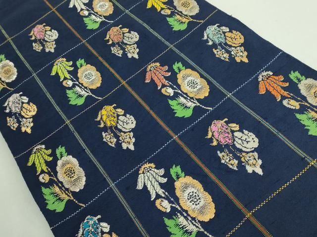 平和屋本店○最高級 龍村平蔵製 太鼓柄 本袋帯 モール草花 金銀糸 濃い