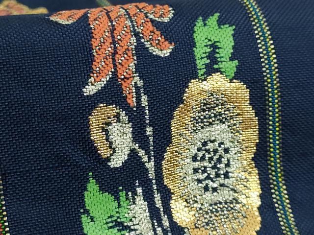 平和屋本店○最高級 龍村平蔵製 太鼓柄 本袋帯 モール草花 金銀糸 濃い