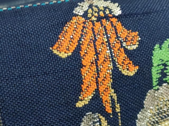 平和屋本店○最高級 龍村平蔵製 太鼓柄 本袋帯 モール草花 金銀糸 濃い