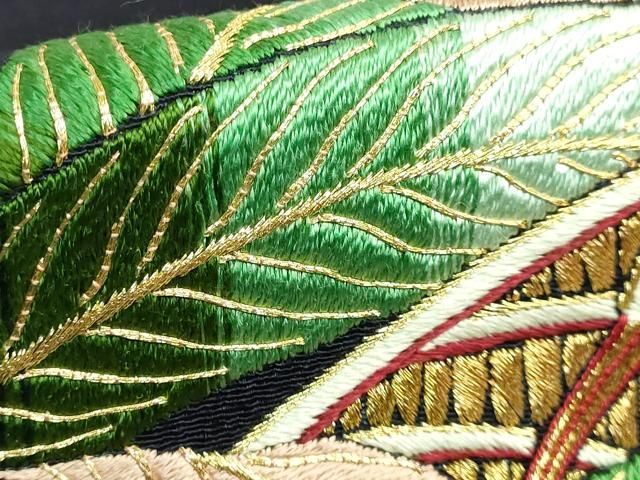 平和屋本店●極上　浦野理一　九寸名古屋帯　総刺繍　白鷺　黒紅色地　金糸　鬼しぼ縮緬　逸品　DZAB2859kh6 平和屋本店○極上 浦野理一 九寸名古屋帯 総刺繍 白鷺 黒紅色地 金糸