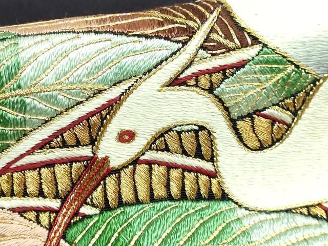 平和屋本店●極上　浦野理一　九寸名古屋帯　総刺繍　白鷺　黒紅色地　金糸　鬼しぼ縮緬　逸品　DZAB2859kh6 平和屋本店○極上 浦野理一 九寸名古屋帯 総刺繍 白鷺 黒紅色地 金糸