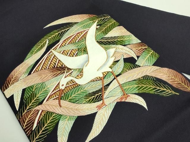 平和屋本店●極上　浦野理一　九寸名古屋帯　総刺繍　白鷺　黒紅色地　金糸　鬼しぼ縮緬　逸品　DZAB2859kh6 平和屋本店○極上 浦野理一 九寸名古屋帯 総刺繍 白鷺 黒紅色地 金糸