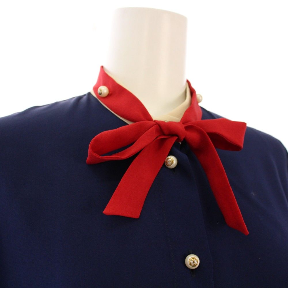 グッチ GUCCI ブラウス シャツ 長袖 GGパールボタン ボウタイ 36 紺