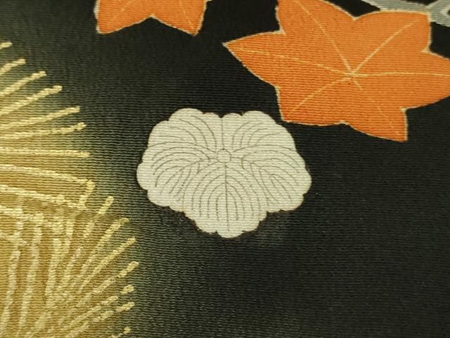 平和屋本店●極上　アンティーク　大正ロマン　振袖　駒刺繍　飛鶴松文　黒地　金彩　逸品　DZAB3028kh6 平和屋本店○極上 アンティーク 大正ロマン 振袖 駒刺繍 飛鶴松文 黒地