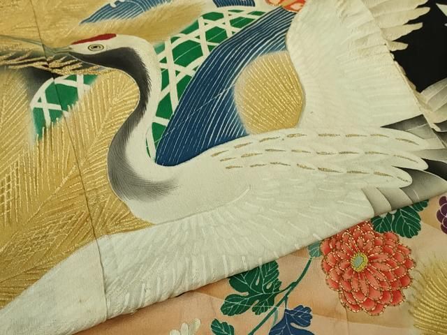 平和屋本店●極上　アンティーク　大正ロマン　振袖　駒刺繍　飛鶴松文　黒地　金彩　逸品　DZAB3028kh6 平和屋本店○極上 アンティーク 大正ロマン 振袖 駒刺繍 飛鶴松文 黒地