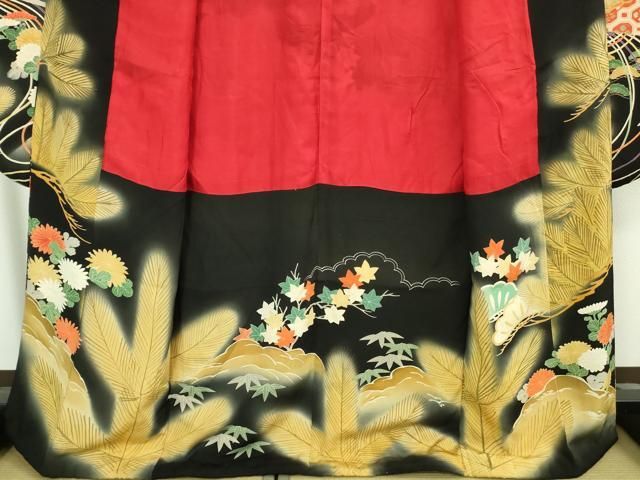 平和屋本店●極上　アンティーク　大正ロマン　振袖　駒刺繍　飛鶴松文　黒地　金彩　逸品　DZAB3028kh6 平和屋本店○極上 アンティーク 大正ロマン 振袖 駒刺繍 飛鶴松文 黒地