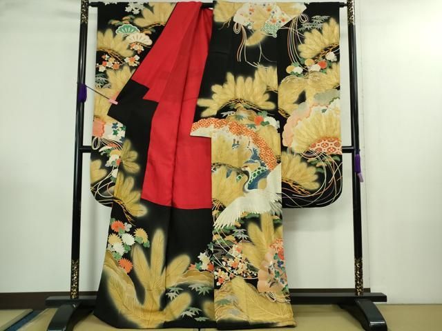 平和屋本店●極上　アンティーク　大正ロマン　振袖　駒刺繍　飛鶴松文　黒地　金彩　逸品　DZAB3028kh6 平和屋本店○極上 アンティーク 大正ロマン 振袖 駒刺繍 飛鶴松文 黒地
