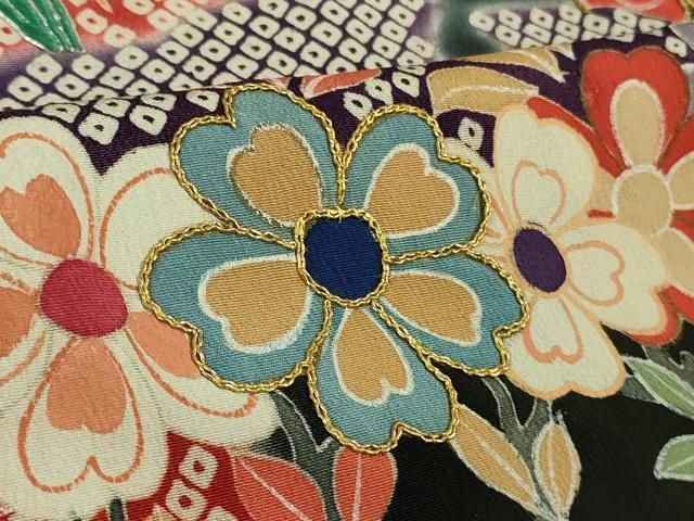 平和屋本店●極上　アンティーク　大正ロマン　お引きずり・お引き摺り　引き振袖　駒刺繍　鳳凰吉祥花文　黒地　金彩　逸品　DZAB3032kh6 平和屋本店○極上 アンティーク 大正ロマン お引きずり・お引き摺り