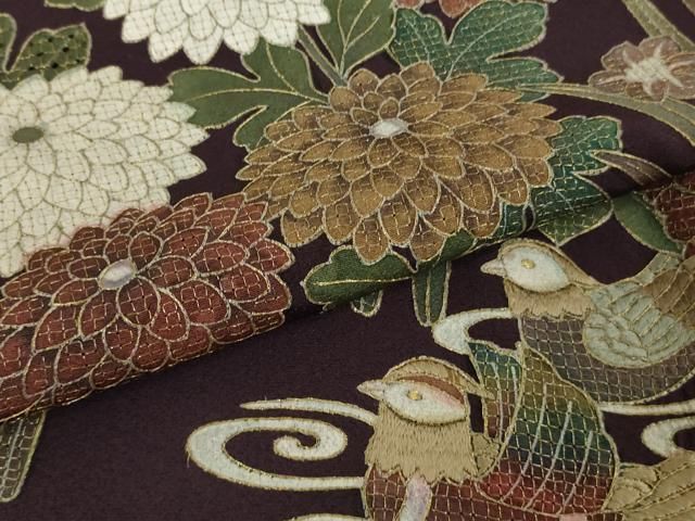 平和屋本店●極上　中国三大刺繍　スワトウ刺繍　汕頭刺繍　訪問着　鴛鴦花文　紫紺色地　金糸　逸品　DZAB3071kh6 平和屋本店○極上 中国三大刺繍 スワトウ刺繍 汕頭刺繍 訪問着 鴛鴦花