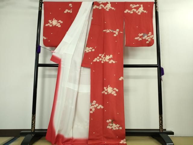 平和屋本店●極上　人形作家・ホリヒロシ　付下げ　花兎　うさぎ　深緋色地　鬼しぼ縮緬　逸品　DZAB3081kh6 平和屋本店○極上 人形作家・ホリヒロシ 付下げ 花兎 うさぎ 深緋色地