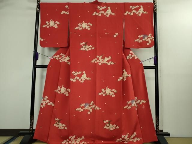 平和屋本店●極上　人形作家・ホリヒロシ　付下げ　花兎　うさぎ　深緋色地　鬼しぼ縮緬　逸品　DZAB3081kh6 平和屋本店○極上 人形作家・ホリヒロシ 付下げ 花兎 うさぎ 深緋色地