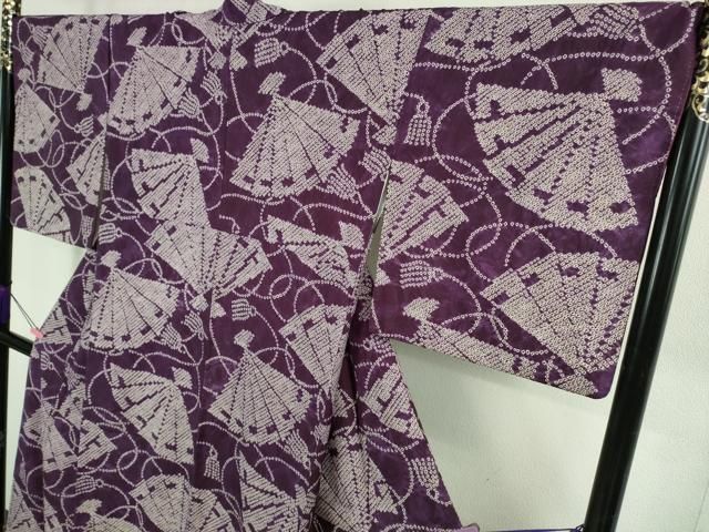 平和屋本店○極上 岩手の匠 草紫堂 南部絞り 紫根染 紬 舞扇 正絹 逸品