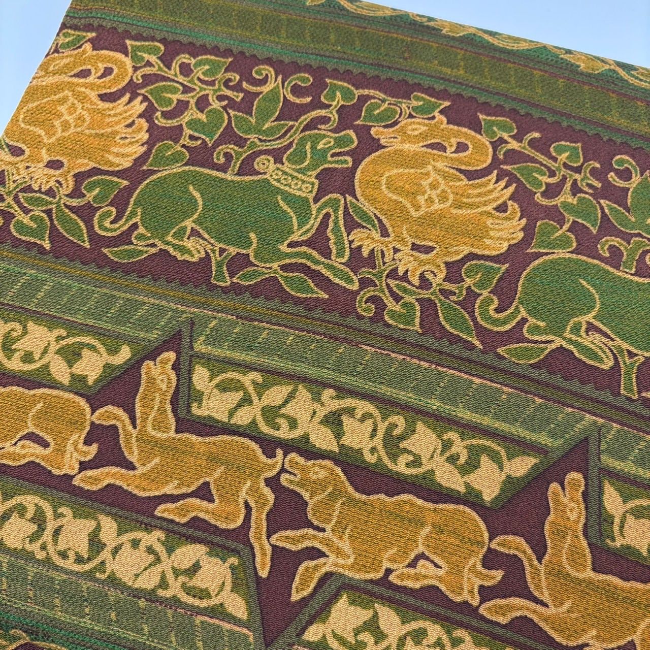 名古屋帯 正絹 ちりめん 全通 両面染め 犬に鳥 花唐草 九寸 着物 MA 2852