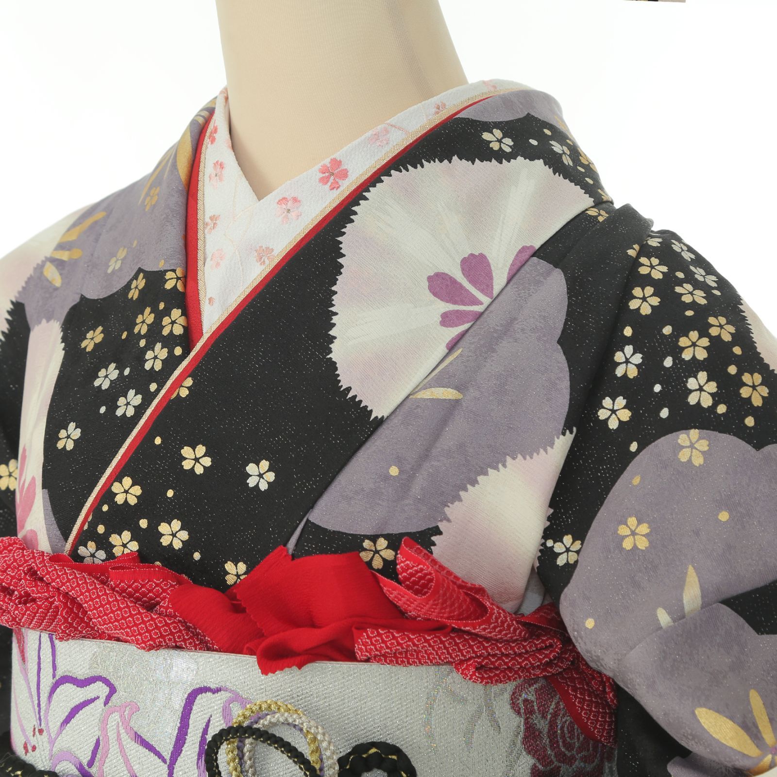 振袖セット 黒モダン 振袖 7点セット Sサイズ シルバーゆり薔薇帯