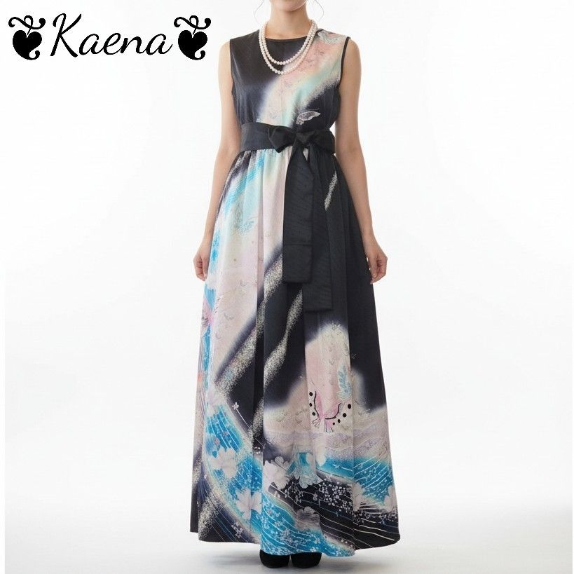 着物リメイク　ギャザー　ワンピース　振袖　ドレス　ロング　フレア　金銀彩　暈染 着物リメイク ギャザー ワンピース 振袖 ドレス ロング フレア 舞蝶花