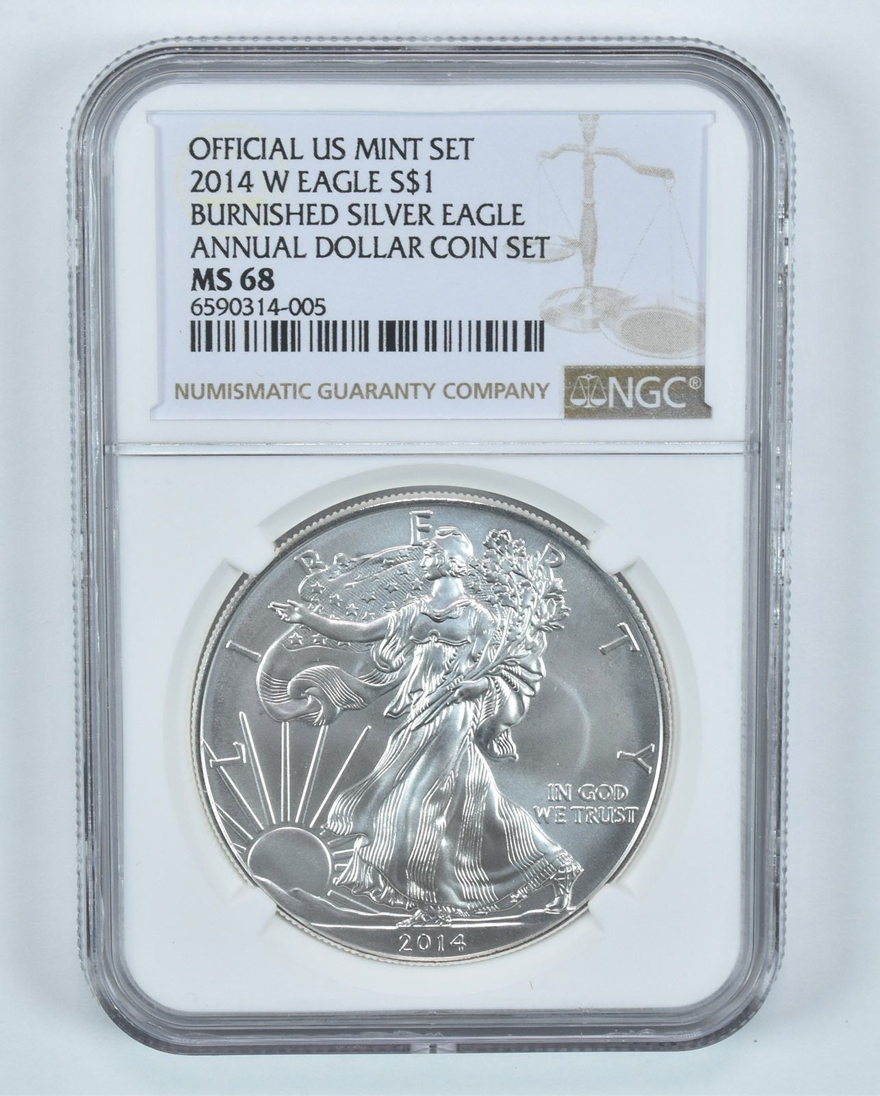 2014-W バーニッシュドシルバーイーグル年次ドルセット MS68 NGC