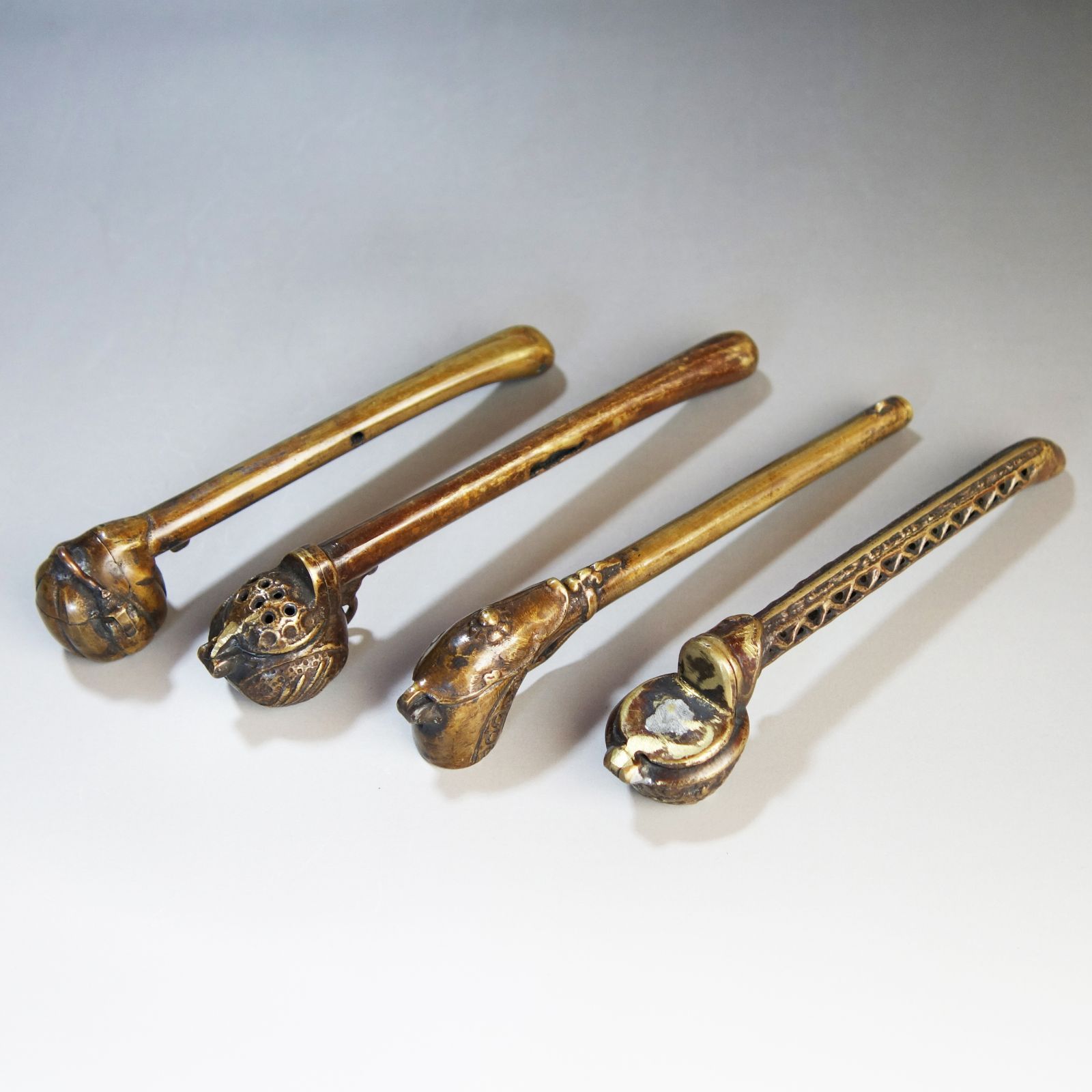 矢立 【 真鍮製 装飾 矢立 4点 】書道具 骨董 古美術 アンティーク