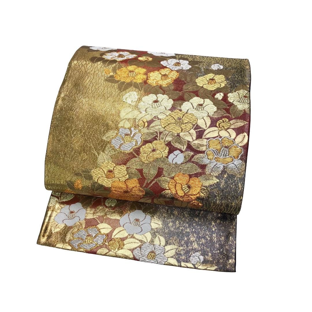袋帯　振袖帯　唐織　椿　梅花　花模様　金糸　着物　075a p 袋帯 振袖帯 唐織 椿 梅花 花模様 金糸 着物 075a p