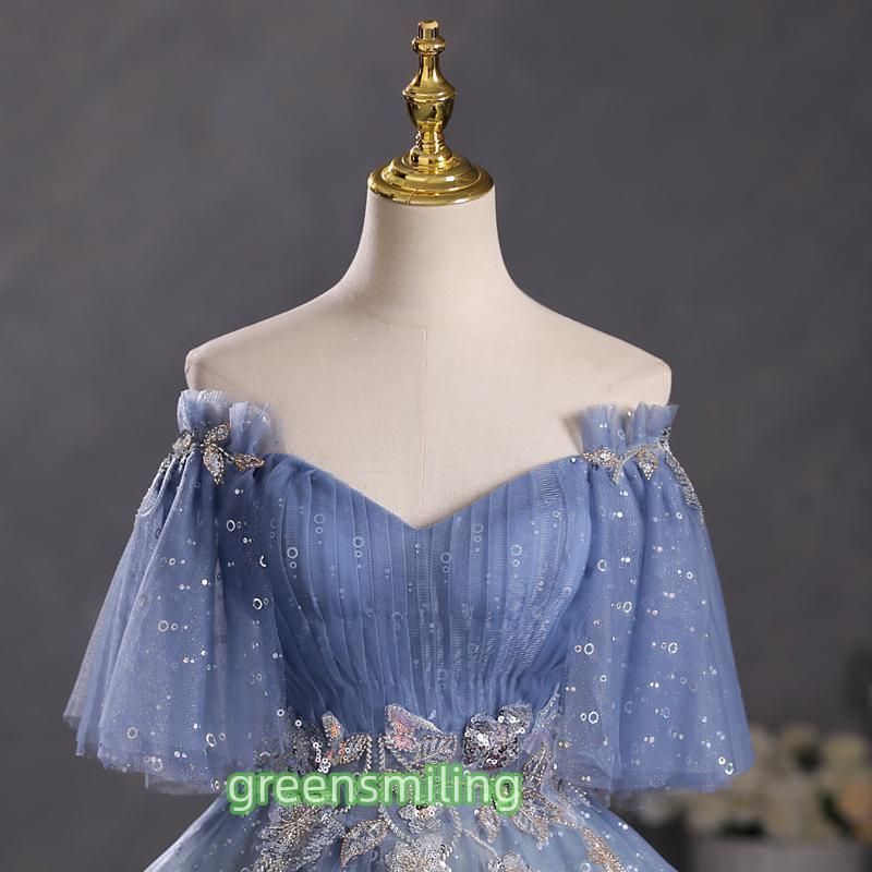 カラードレス 編み上げ ブルー ベルスリーブ ロングドレス 結婚式