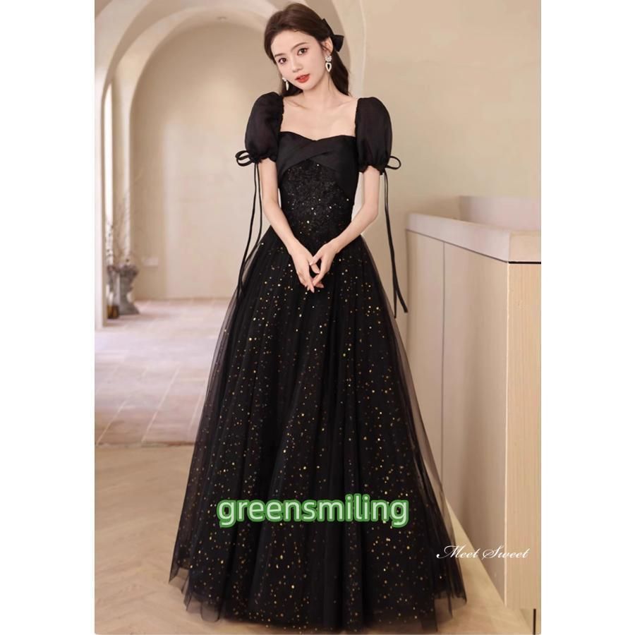 カラードレス ロングドレス パーティードレス 半袖 ブラック チュール