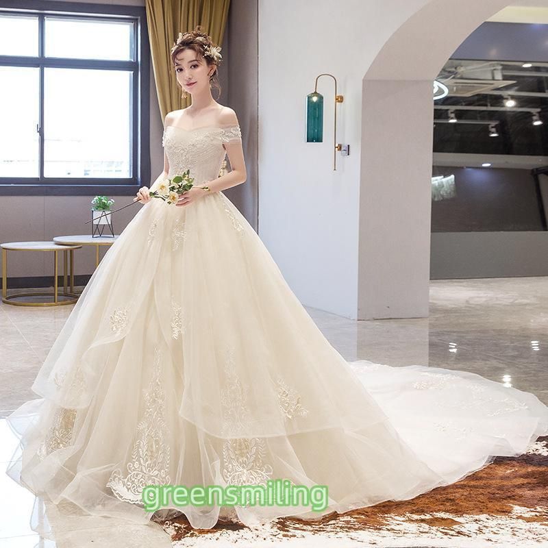 ウェディングドレス シャンパン オフホワイト オフショルダー 二次会