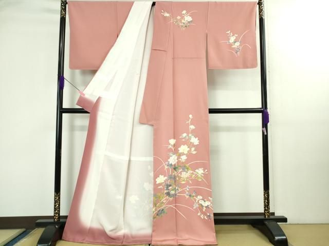 平和屋本店○極上 京加賀友禅 百貫石峰 訪問着 枝花文 薄紅色地 反端