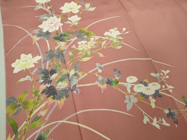 平和屋本店○極上 京加賀友禅 百貫石峰 訪問着 枝花文 薄紅色地 反端
